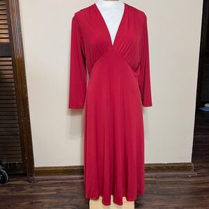 Maggy London Red Empire Waist V-Neck Long Sleeve Midi Dress Womens Size 14